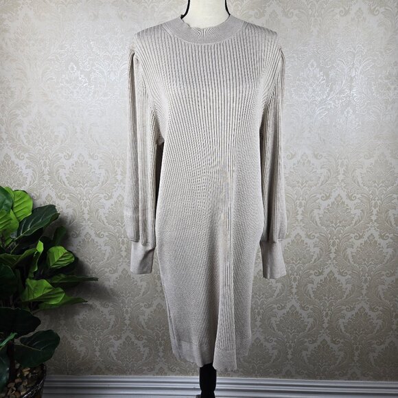 Banana Republic Size XL Kahki Colored Sweater Dress Statement Sleeves Ribbed - Picture 1 of 11